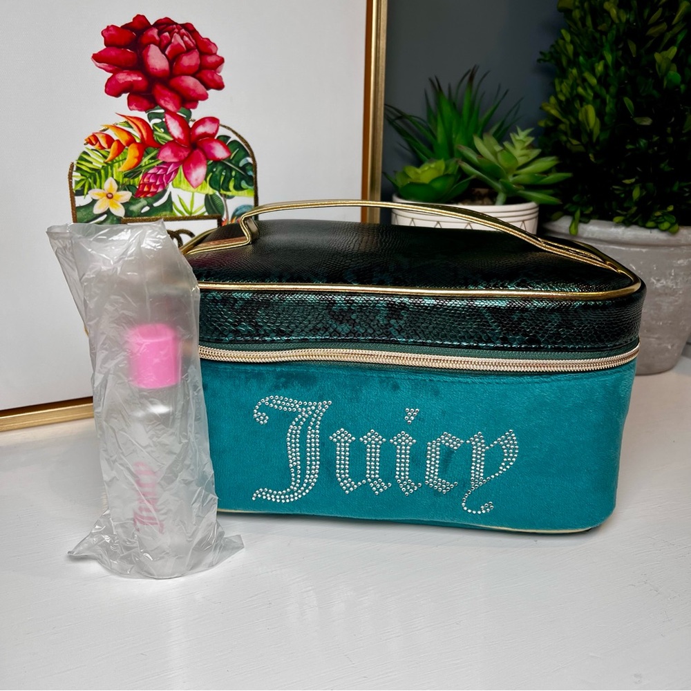 Juicy Couture Teal Velvet Snake Print Cosmetic Bag Gold Trim Rhinestones - Picture 9 of 10